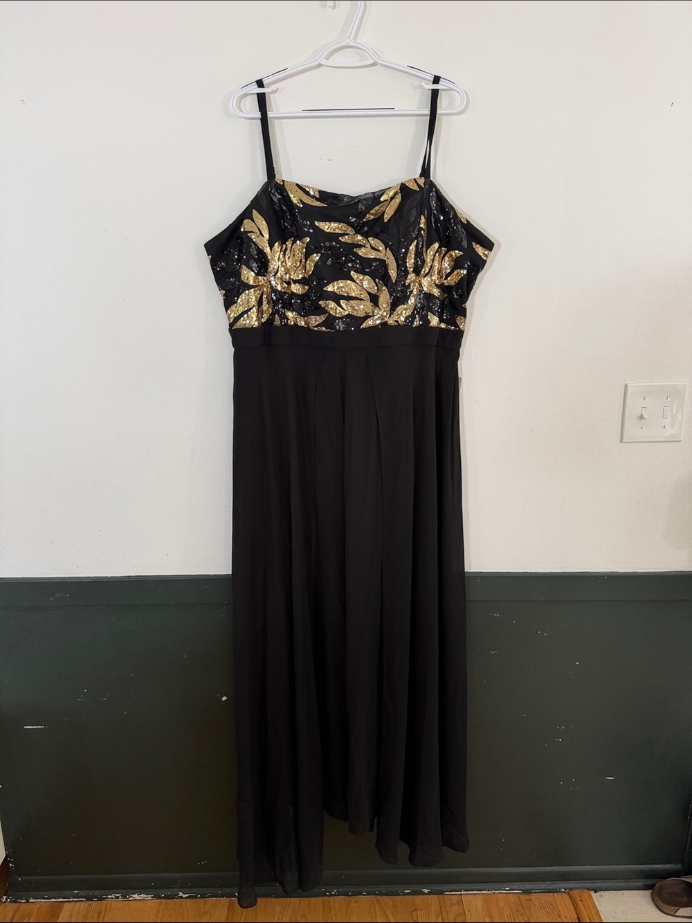 London Times Black Jumpsuit with Gold Sequin Leaf Bodice